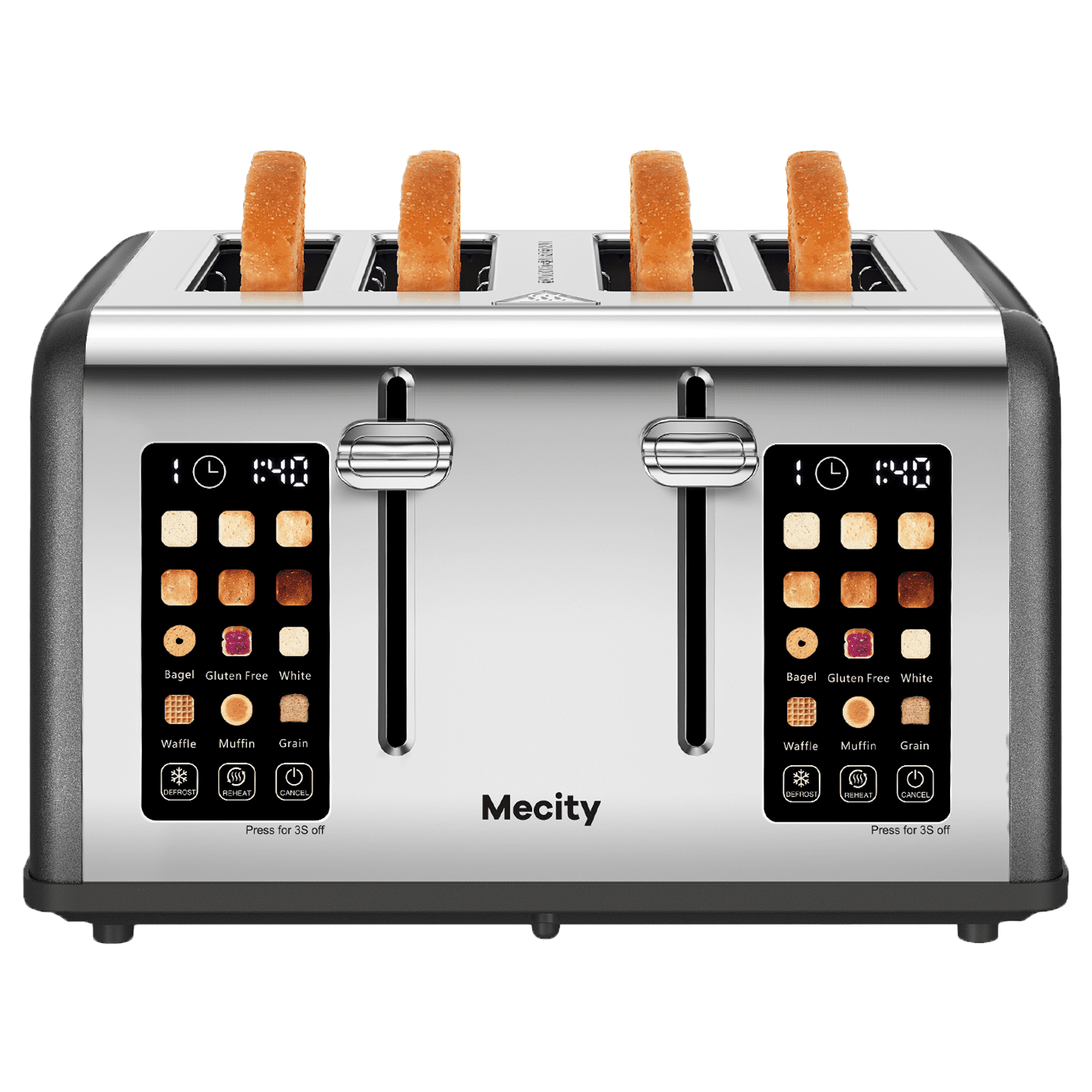 Mecity 4-Slice Touchscreen Toaster, Stainless Steel, Countdown Timer, 6 Browning & Shade Settings, 4 Wide Slots, Reheat/Cancel/Defrost Functions, Removable Crumb Tray, Gray