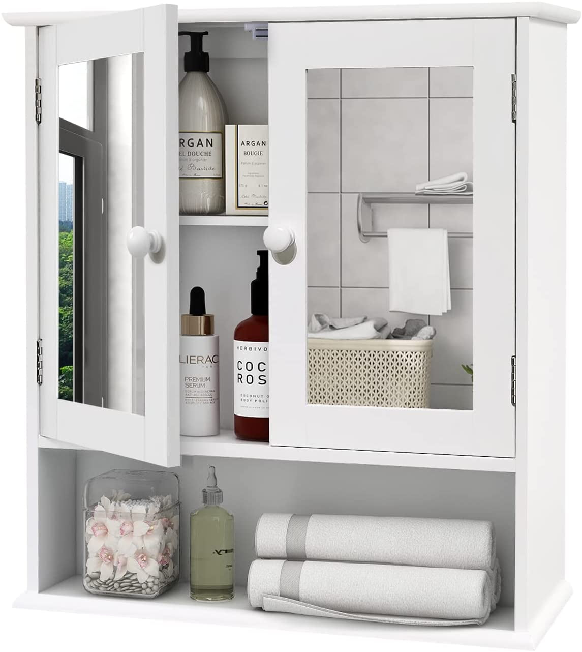 Medicine Cabinet, Medicine Cabinets For Bathroom With Mirror 2 Doors 3 Open Shelf, Bathroom Cabinet Wall Mounted Wooden Storage Over Toilet Laundry Room Kitchen
