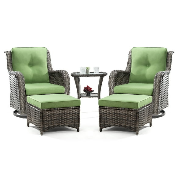 MeetLeisure 5 Pieces Outdoor Furniture Patio Furniture Set with Two Swivel Rocking Chairs,Two Ottomans, One Side Table, Green