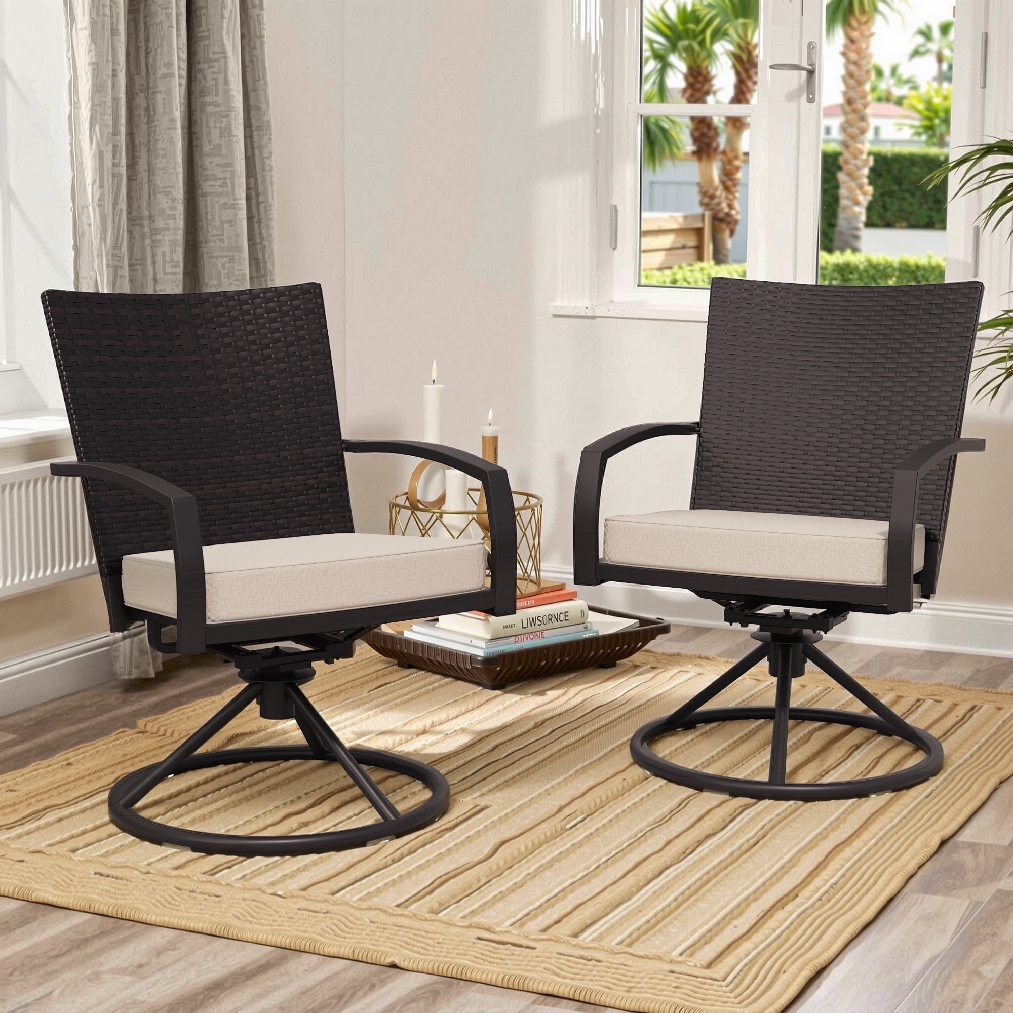 Beige Cushioned Black Metal Rattan Swivel Patio Dining Chairs (2-Pack)