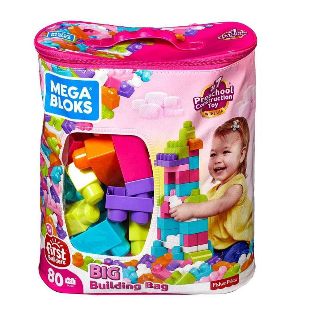 MEGA BLOKS Fisher-Price Toy Blocks Big Building Bag with Storage (80 Pieces) for Toddler, Pink