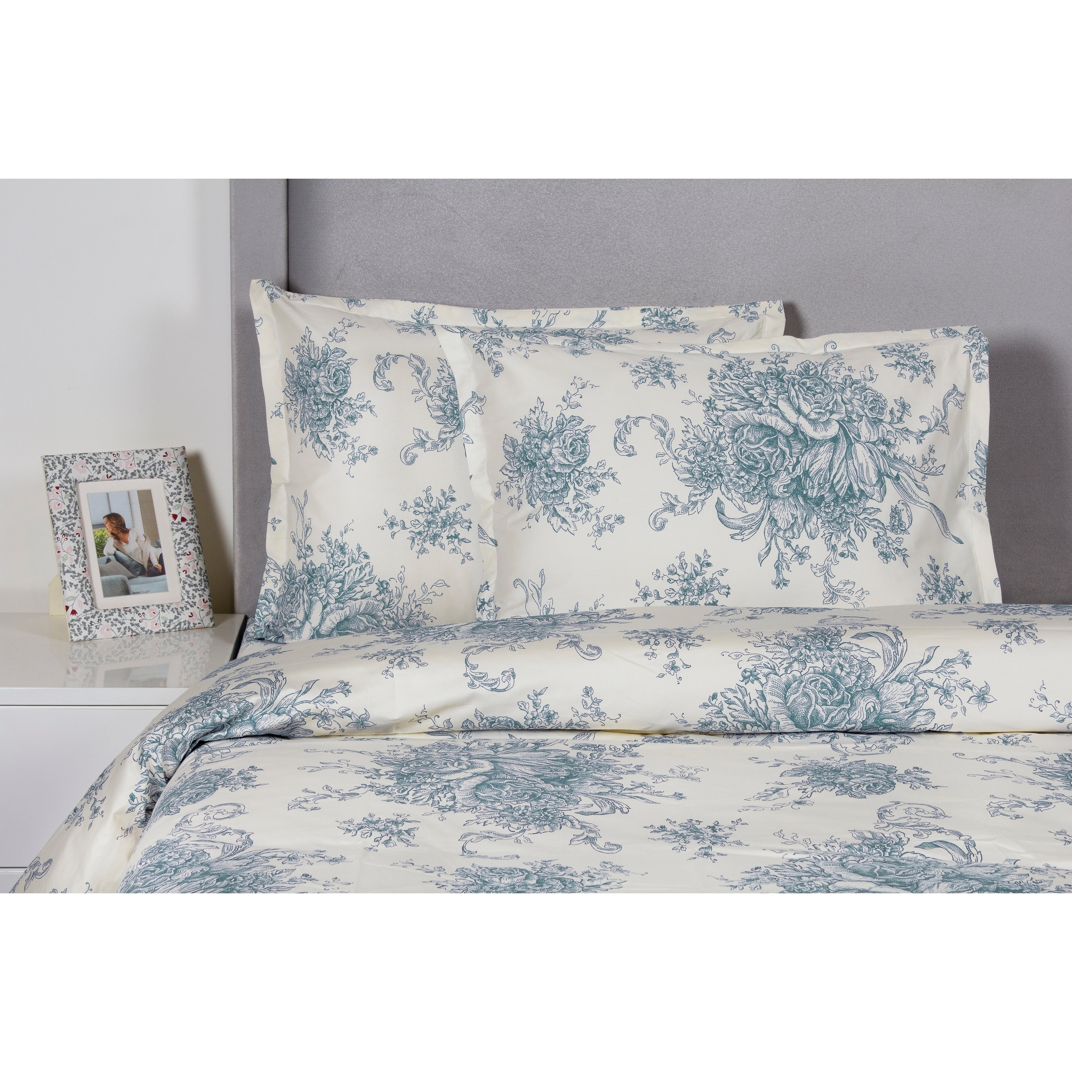 Melange Home Printed Design Cotton Collection 400 Thread Count Light Blue Toile Duvet Set King - Cal King 3 Piece