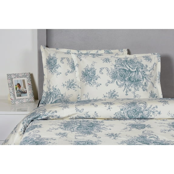 Melange Home Printed Design Cotton Collection 400 Thread Count Light Blue Toile Duvet Set King - Cal King 3 Piece