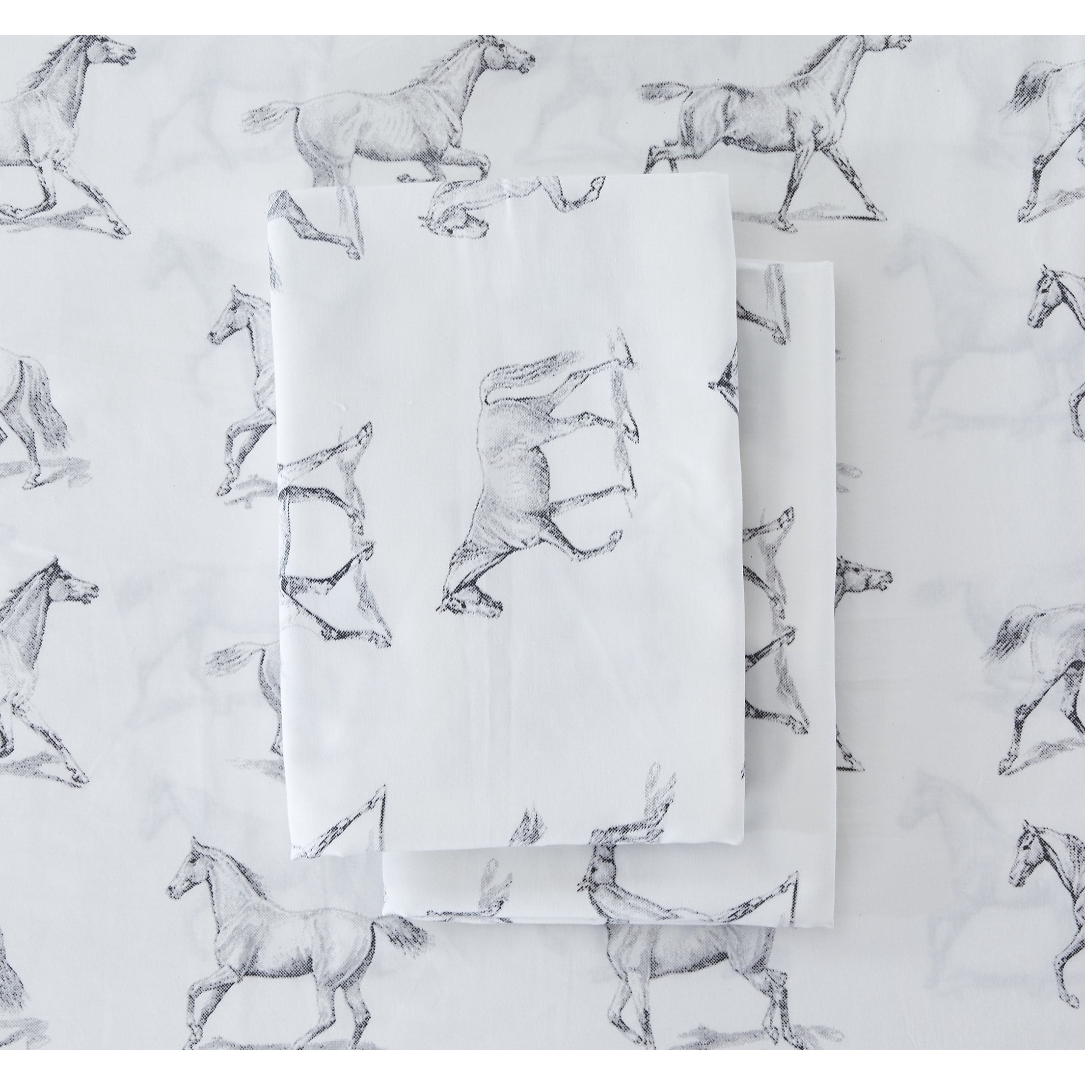Melange Home Printed Design Cotton Collection 400TC Pleat Horses Bed Sheet Set Twin