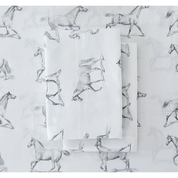Melange Home Printed Design Cotton Collection 400TC Pleat Horses Bed Sheet Set Twin