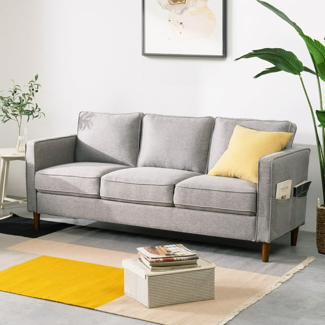 Mellow Hana Modern Upholstered Linen Fabric Sofa with Armrest Pockets, Heather Grey