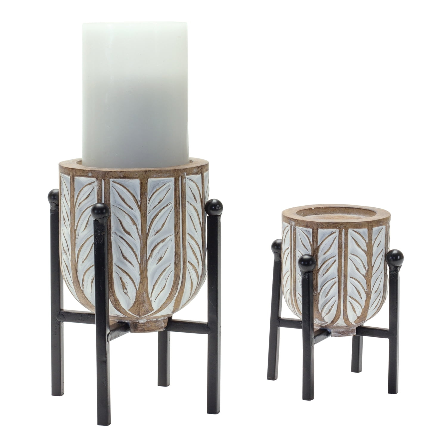 Maykoosh Geometric Wood Design Candle Holder With Metal Stand (Set Of 2)