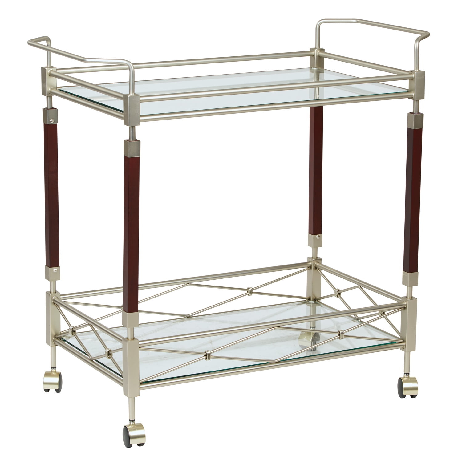 Melrose Serving Cart with Clear Tempered Glass and Nickel Brush Metal Frame
