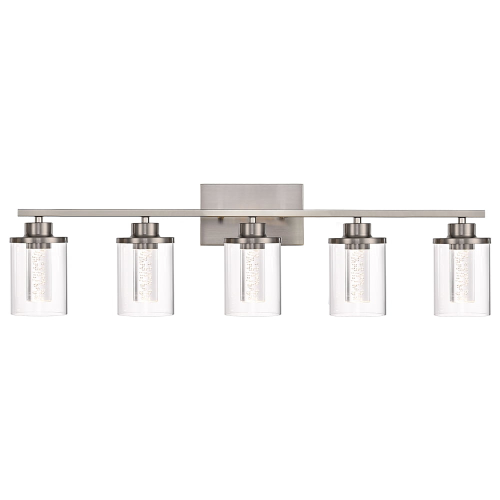 Melucee 5CCT Dimmable LED Brushed Nickel Vanity Lights 5-light, Modern Vanity Lighting Fixtures with Crystal Light Columns and Clear Glass for Bathroom Bedroom
