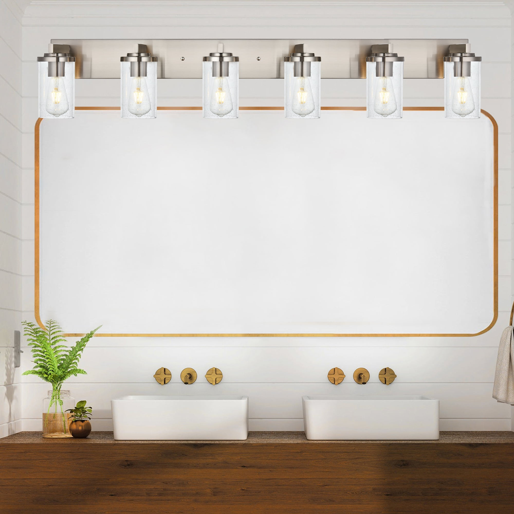 Melucee Brushed Nickel Industrial Bathroom Vanity Light Fixtures Over Mirror Seeded Glass 6 Lights Vintage Vanity Lights Farmhouse Bath Lighting