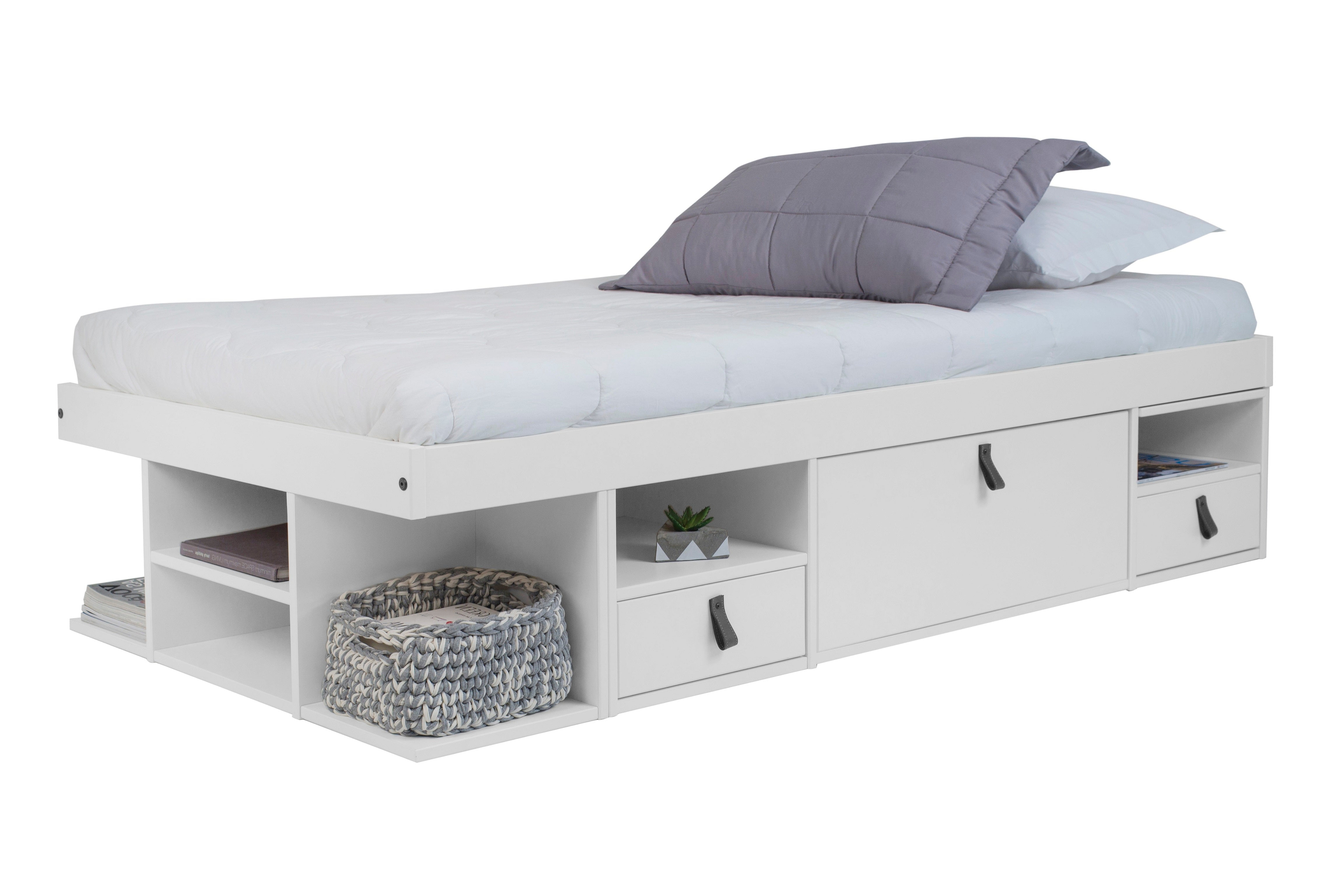 Memomad Bali Storage Platform Sturdy Bed Frame with Drawers and More (White Wood Twin Size)