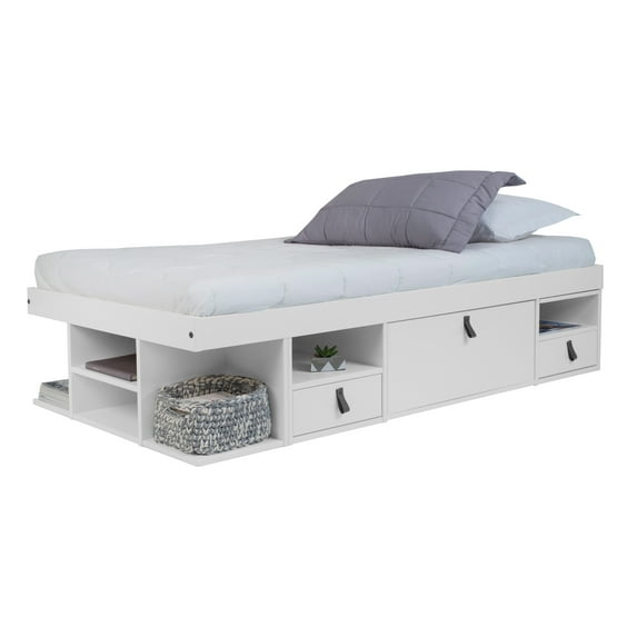 Memomad Bali Storage Platform Sturdy Bed Frame with Drawers and More (White Wood Twin Size)