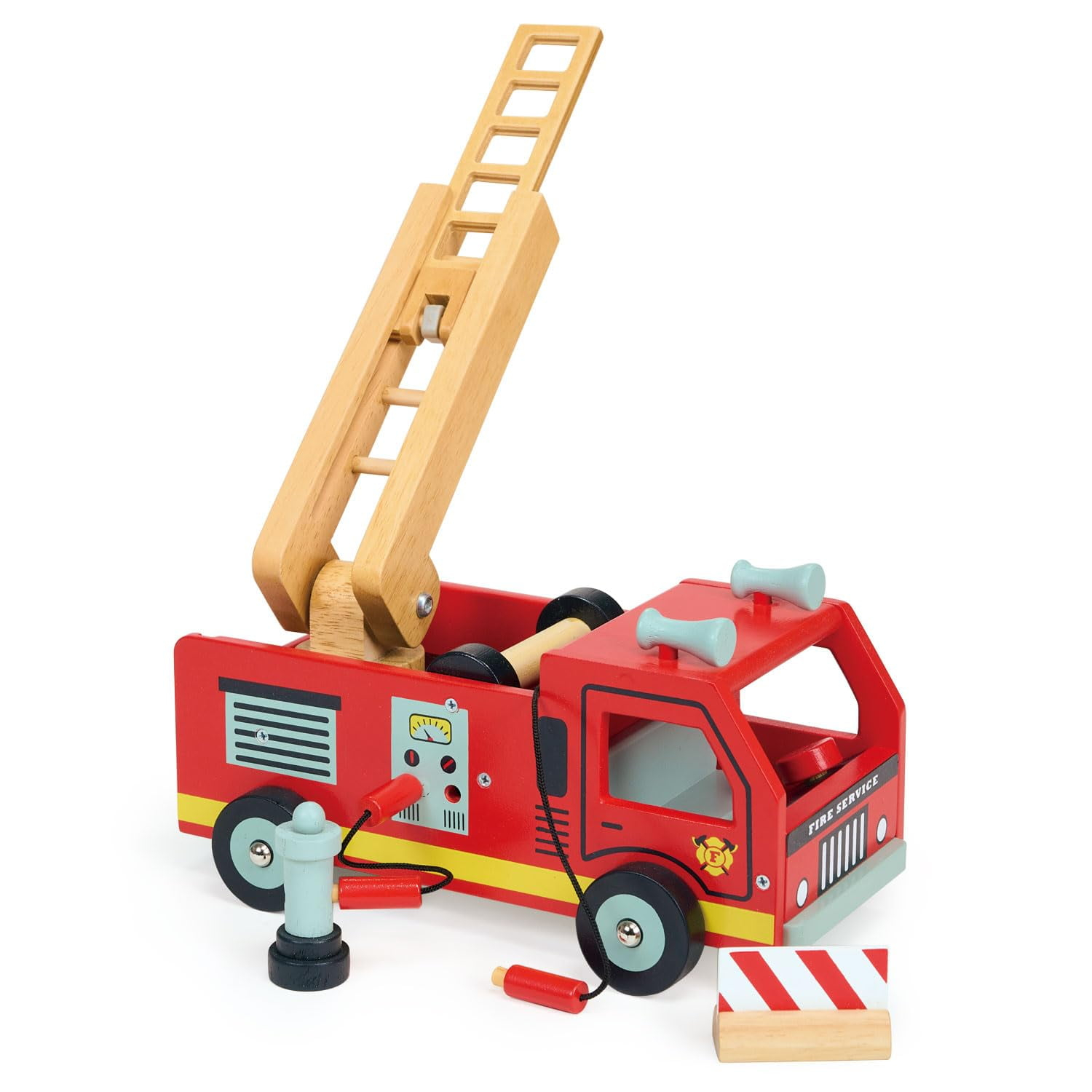 Mentari Toys - Red Fire Engine - Wooden Fire Truck Toy with Accessories - Story Telling, Pretend Play and Imaginative Play for Age 3+