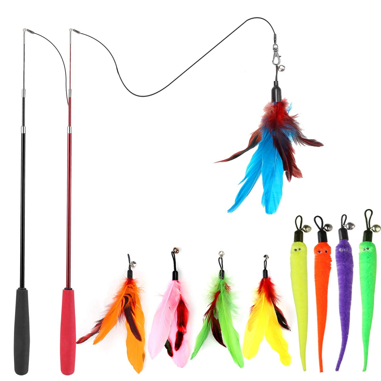 Cat Feather Toy, Retractable Cat Toys Wand 2 Wands & 9 Assorted Teaser Refills, Interactive Feather Teaser Wand Toy Bell Kitt