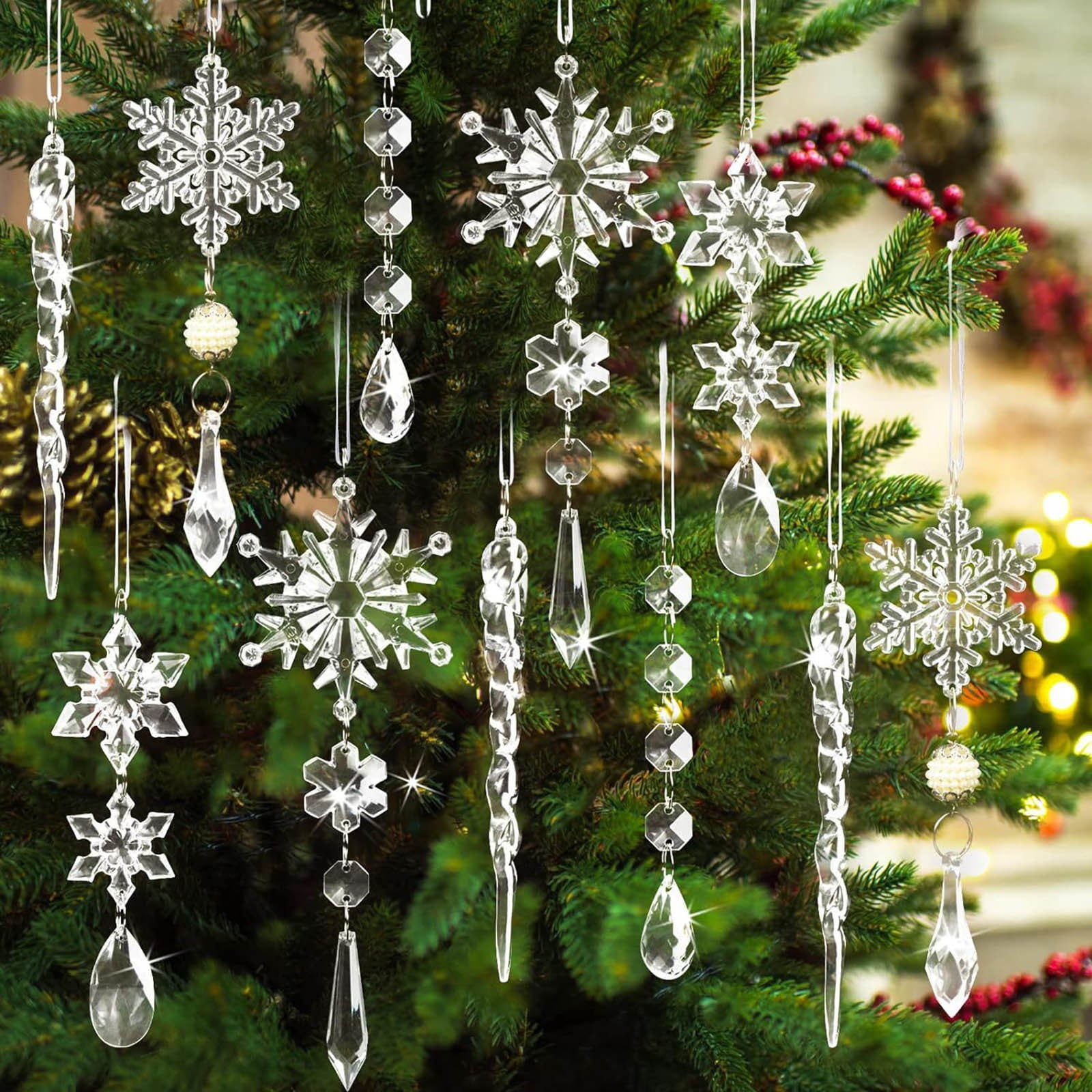 Meottam 18 Pieces Christmas Tree Ornaments - Hanging Acrylic Snowflake Icicle Drop Hanging Ornaments for Party Decor Christmas Wedding Birthday Winter Decor (Iridescent)