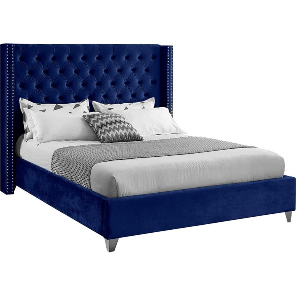 Meridian Furniture Aiden Velvet Queen Bed-Color:Navy Velvet,Style:Contemporary