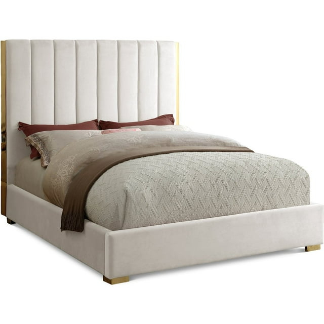 Meridian Furniture Becca Metal and Velvet Full Bed in Cream