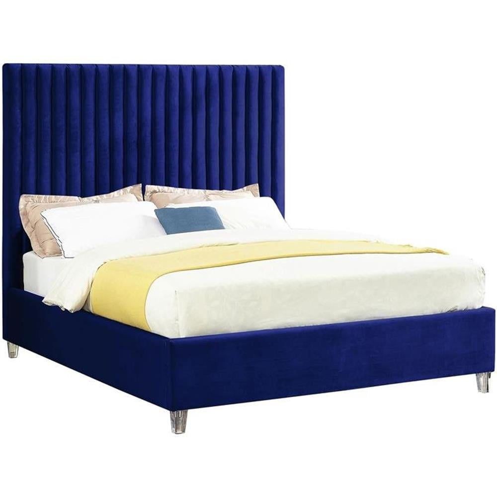 Meridian Furniture Candace Solid Wood Tufted Velvet King Bed in Navy
