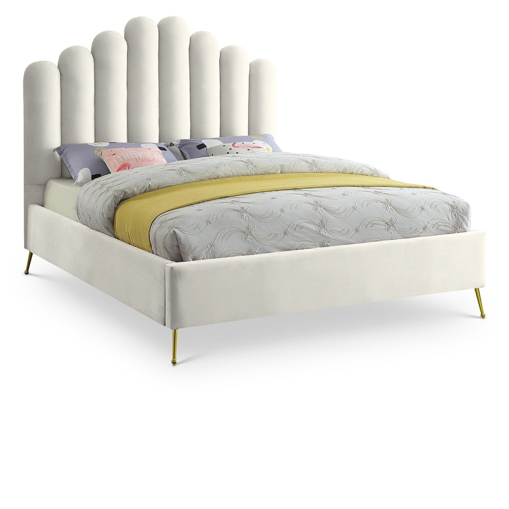 Meridian Furniture Contemporary Velvet Upholstered Platform Bed with Sturdy Gold Steel Legs and Deep Channel Tufted Headboard