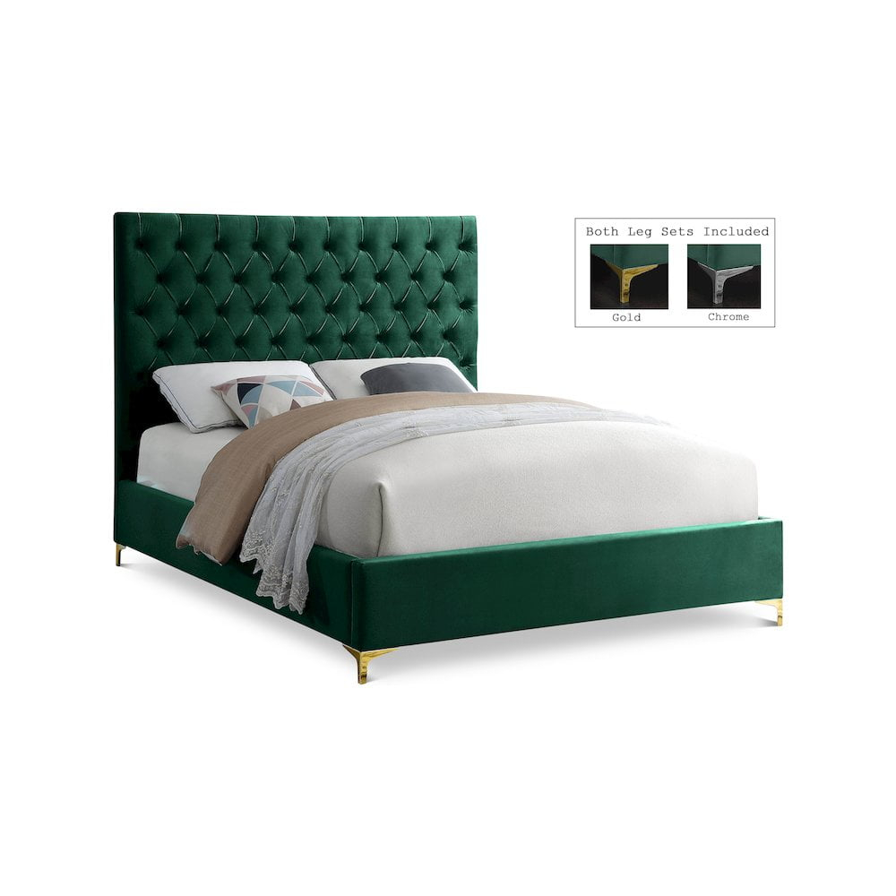 Meridian Furniture Cruz Solid Wood Tufted Velvet Queen Bed in Green