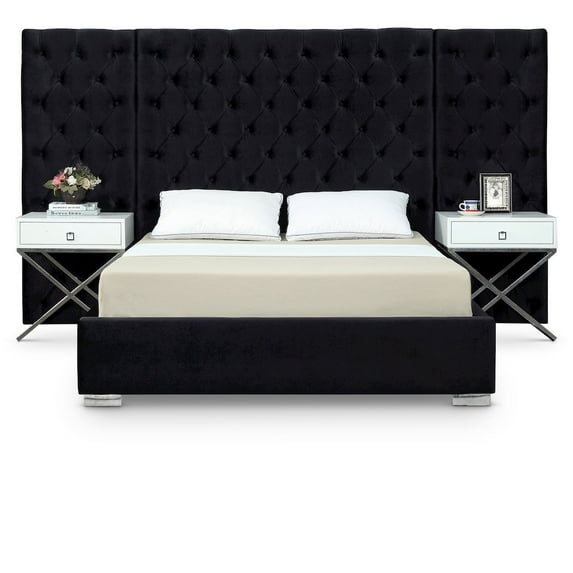 Meridian Furniture Grande Queen Velvet Platform Bed with Chrome Legs & Full Slats, Black Velvet
