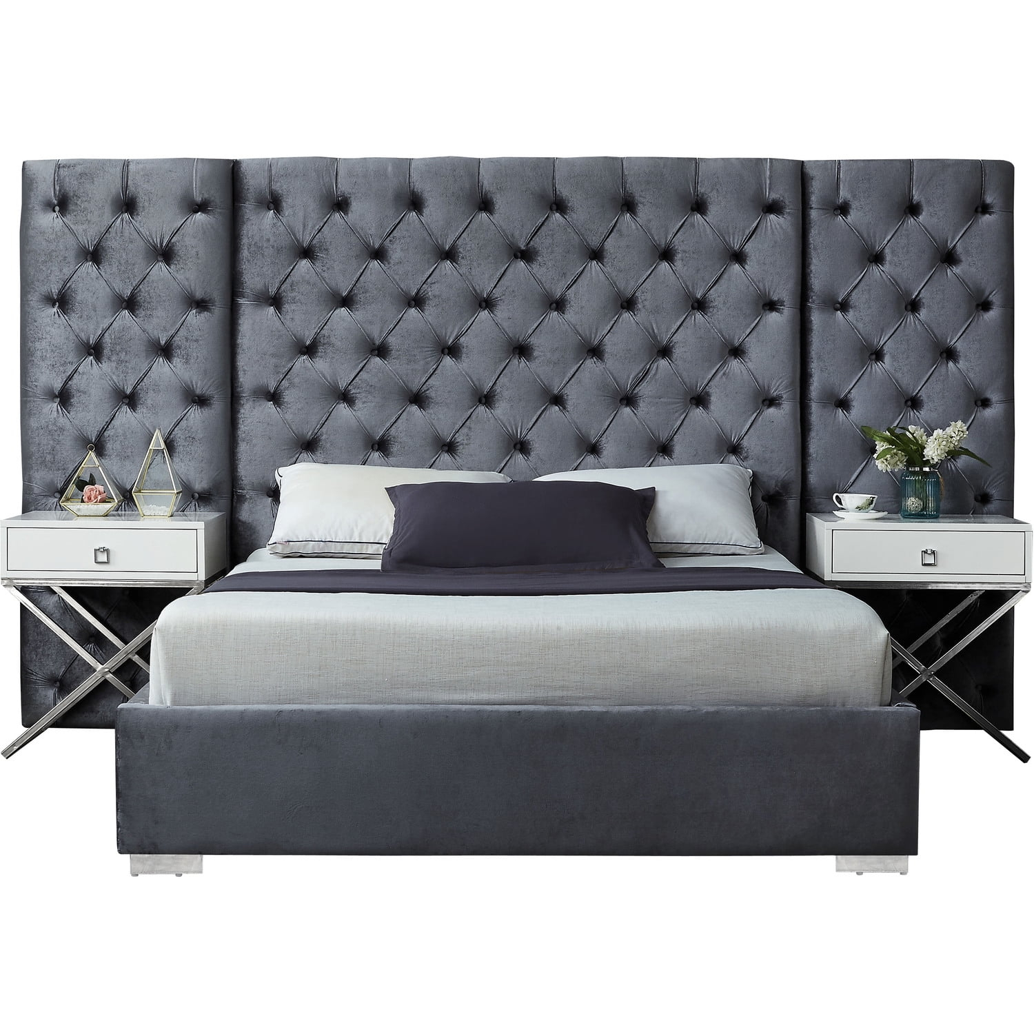 Meridian Furniture Grande Solid Wood and Velvet King Bed in Gray