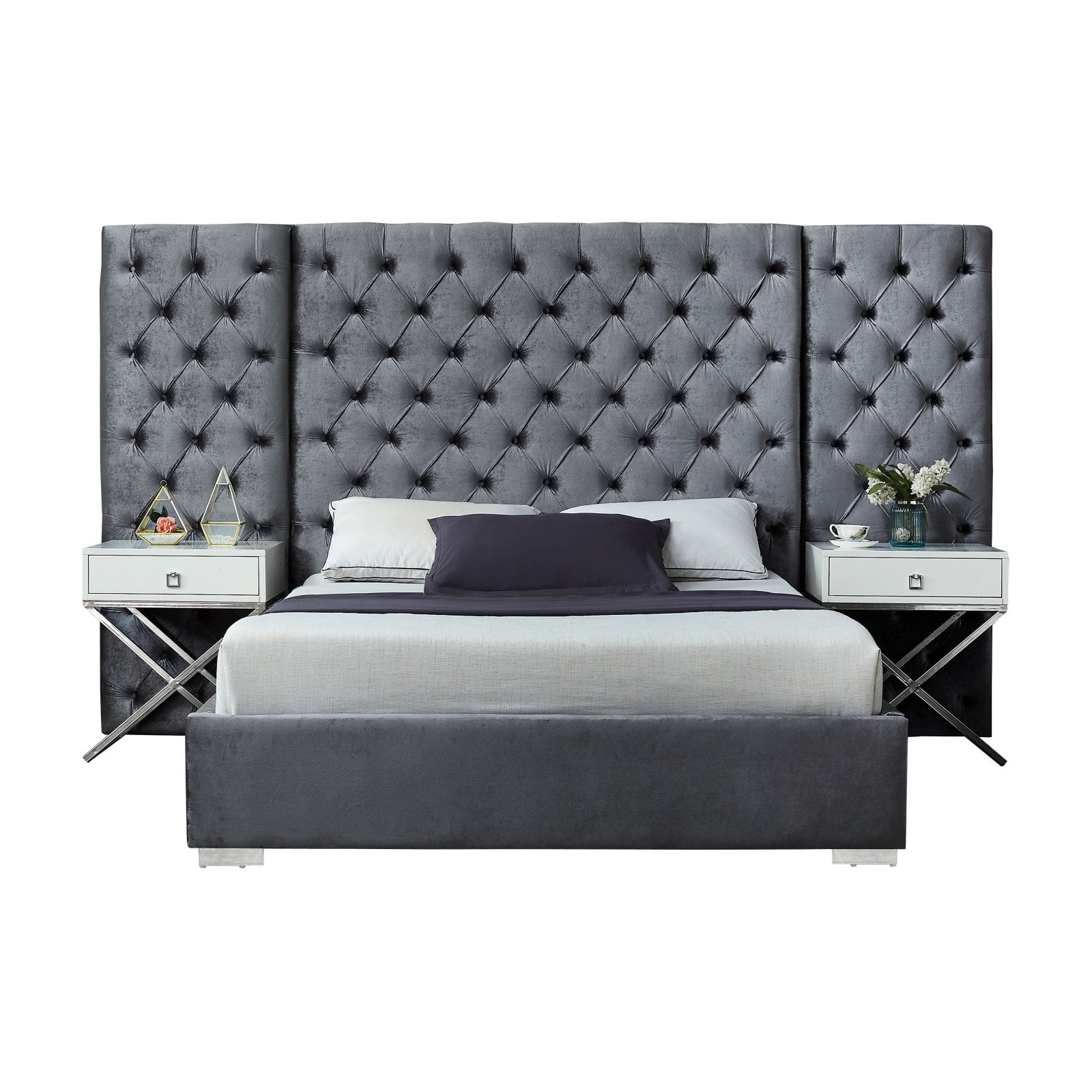Meridian Furniture Grande Solid Wood and Velvet King Bed in Gray