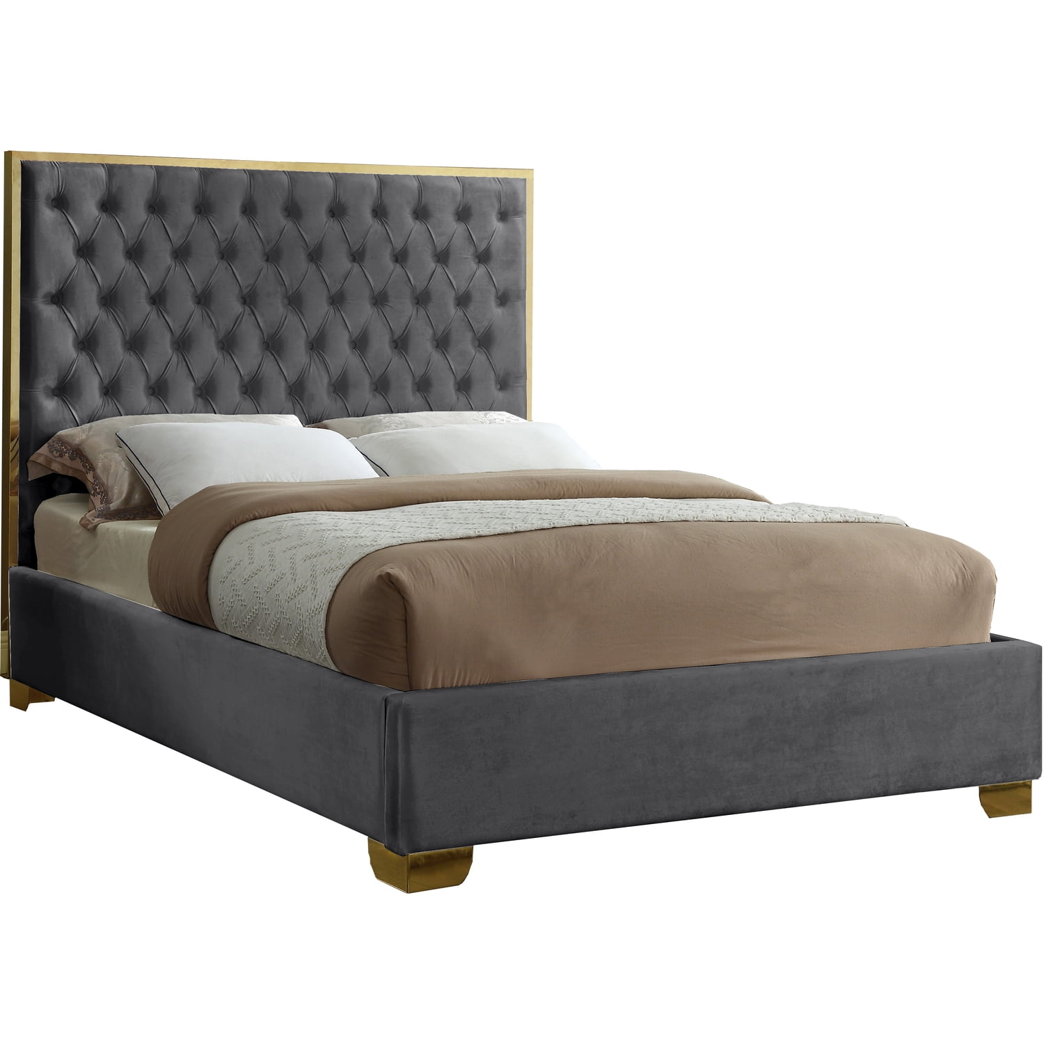 Meridian Furniture Lana Solid Wood and Velvet Queen Bed in Gray
