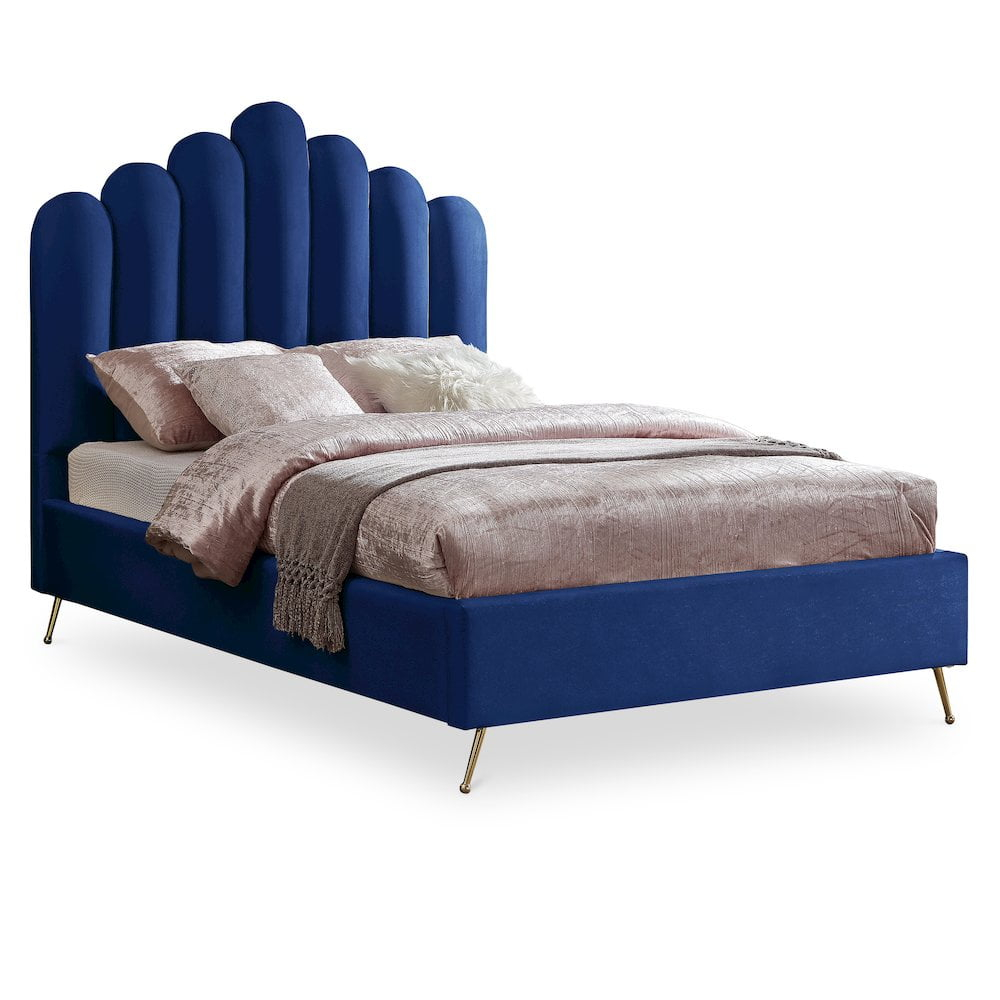 Meridian Furniture Lily Solid Wood and Tufted Velvet Full Bed in Navy