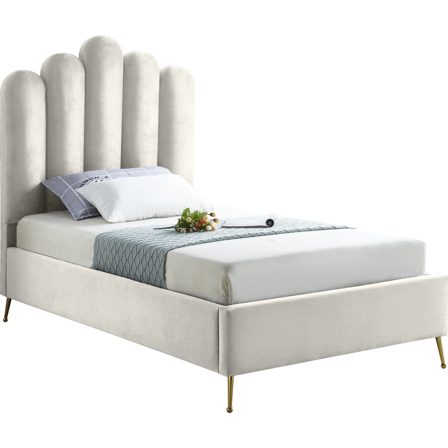 Meridian Furniture Lily Solid Wood and Tufted Velvet Twin Bed in Cream