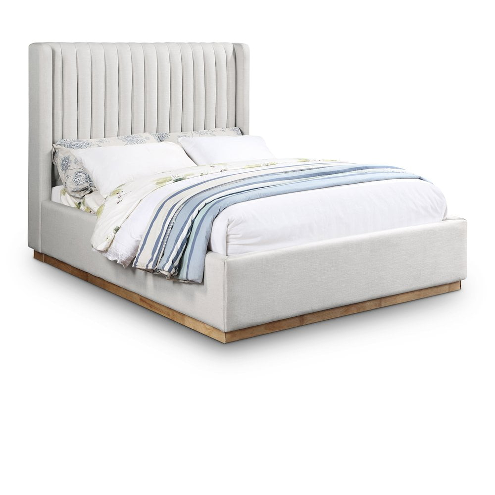 Meridian Furniture Queen Contemporary Linen Fabric Wingback Bed, Cream