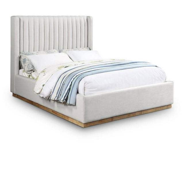 Meridian Furniture Queen Contemporary Linen Fabric Wingback Bed, Cream