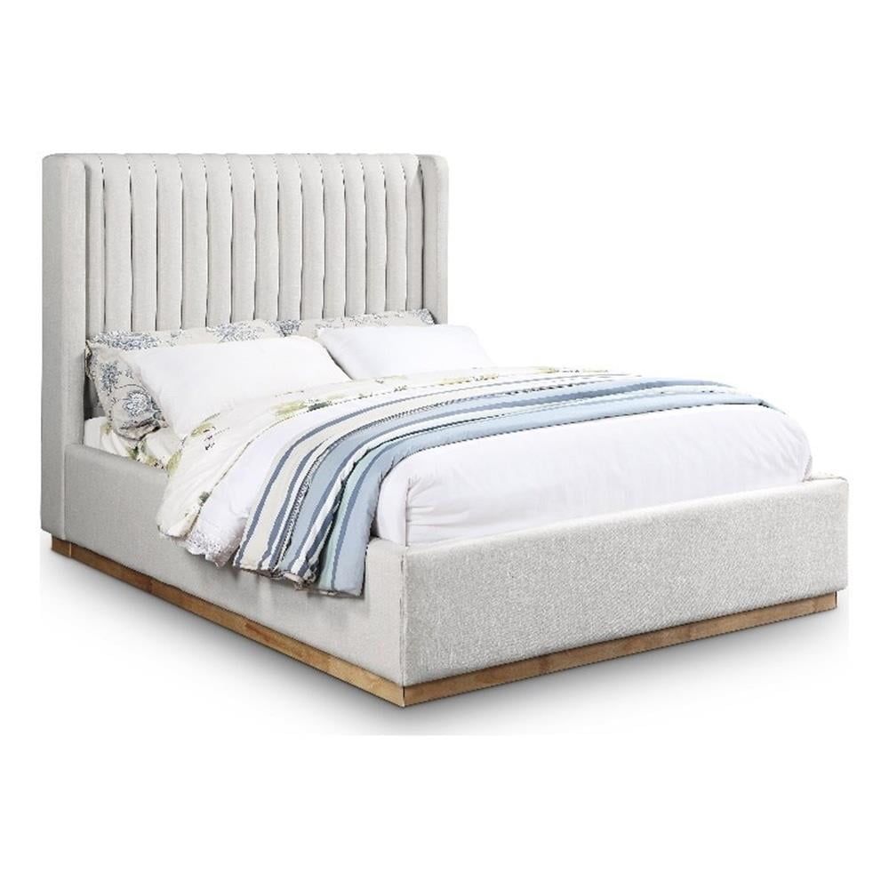 Meridian Furniture Queen Contemporary Linen Fabric Wingback Bed, Cream