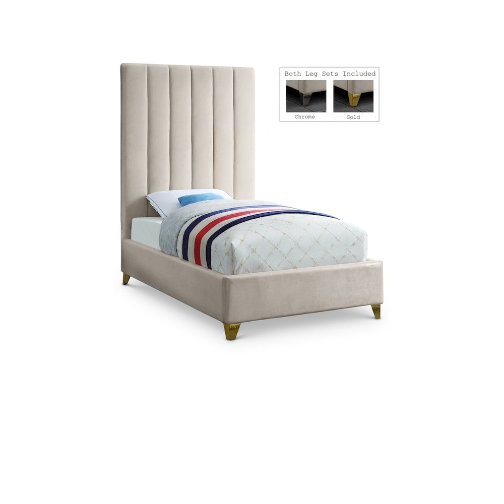 Meridian Furniture Via Rich Velvet Twin Bed in Cream
