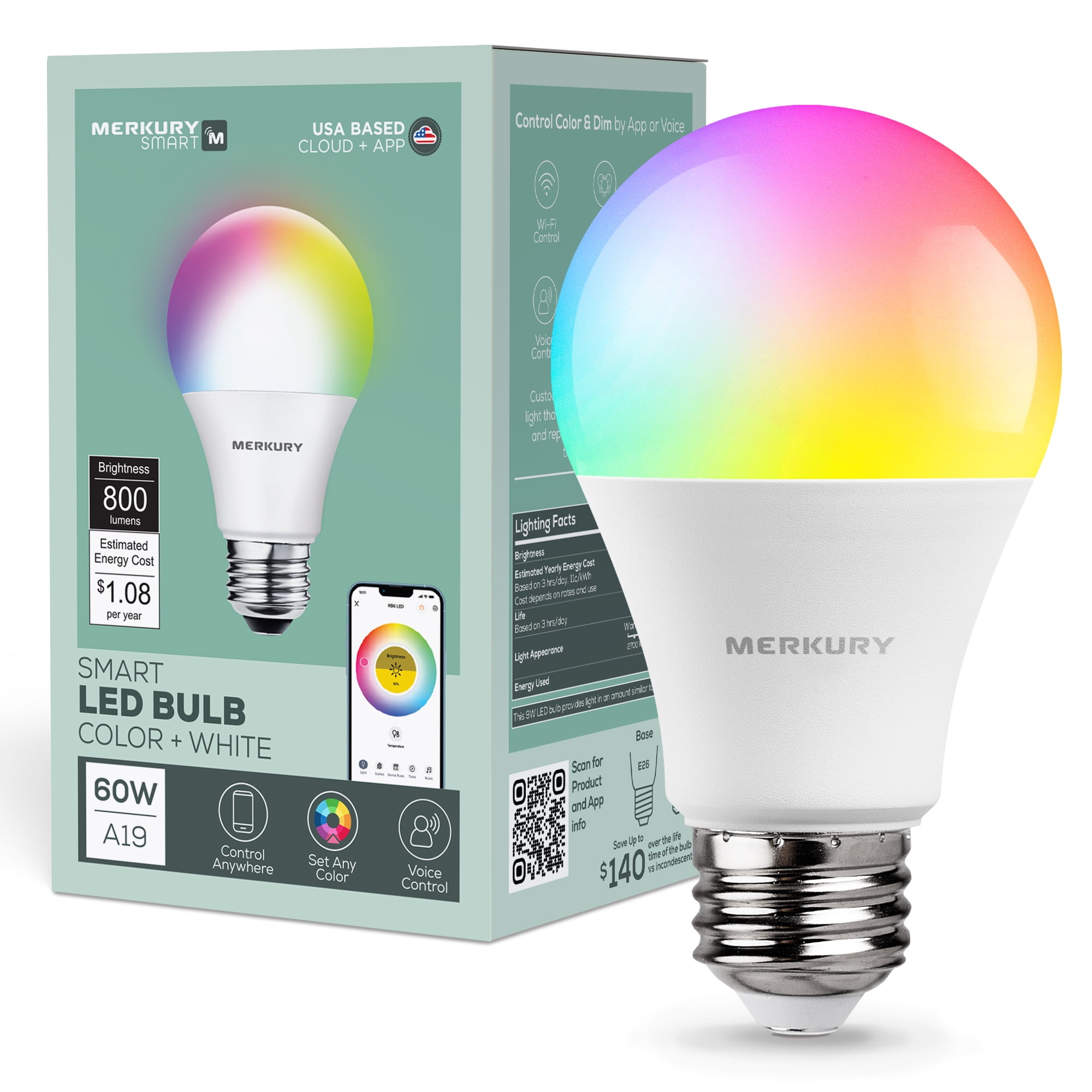 Merkury Smart LED Bulb - 9W (60W Eqv) RGBW Dimmable A19 Light, E26 Base (1-Pack)