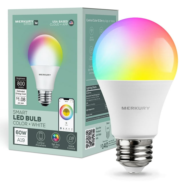 Merkury Smart LED Bulb - 9W (60W Eqv) RGBW Dimmable A19 Light, E26 Base (1-Pack)