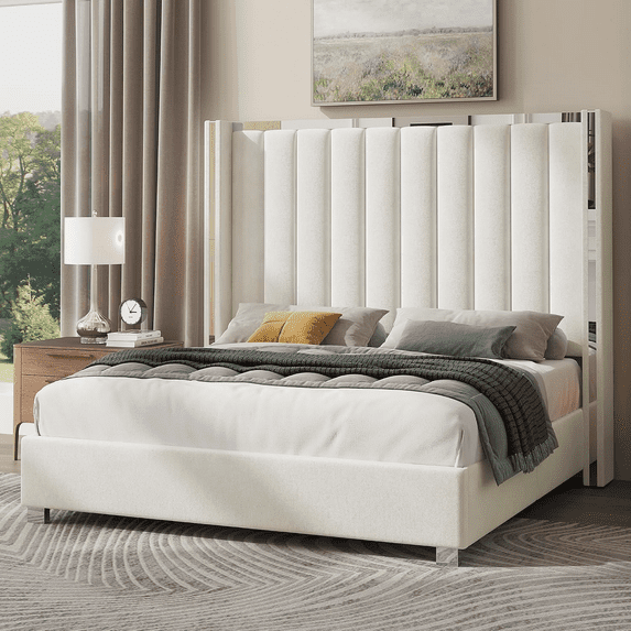 Merluxy King Size Bed Frame with 58" Tall Headboard, Velvet Upholstered Platform Bed with Channel Tufted Wingback Headboard and Plating Trim, Cream