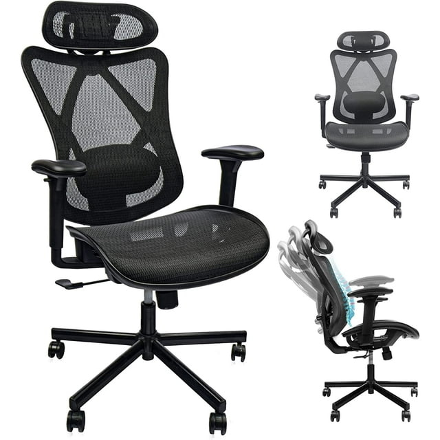Mesh Office Chair,Ergonomic Office Chairs with Wheels,Adjustable Lumbar Support,Armrest,Headrest-Tilt High Back Desk Chair with Mute Wheel for Office, Home, Gaming