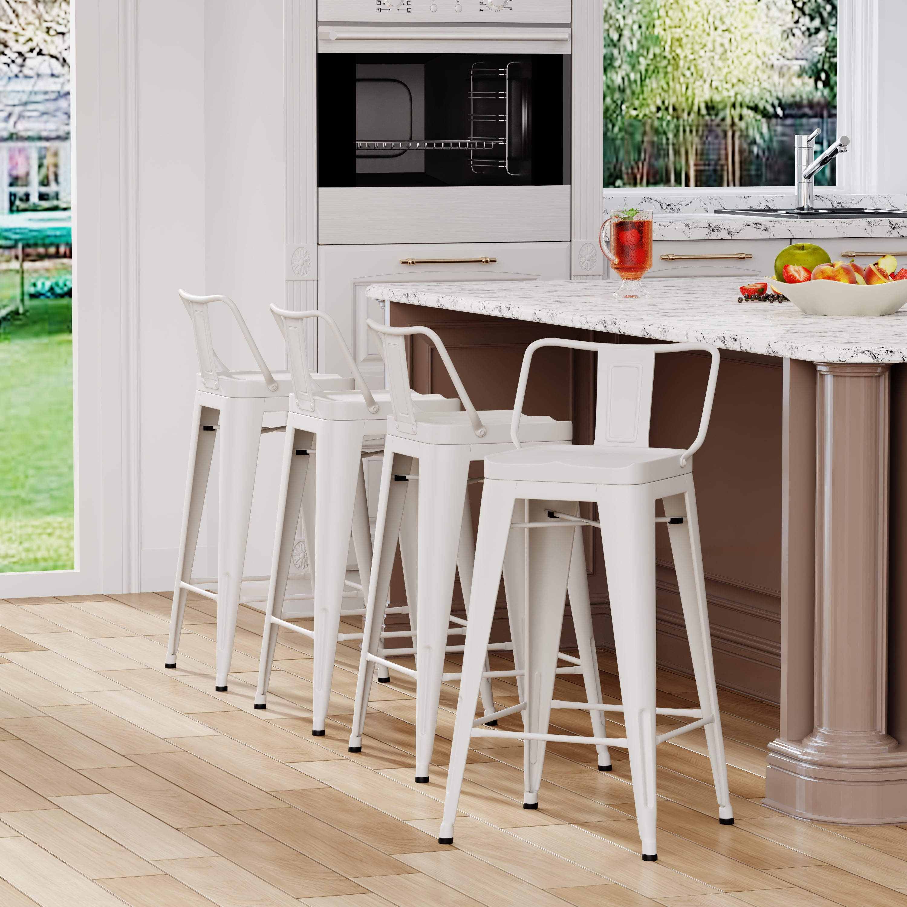 Bar Stools Set of 4 Metal Bar Stool Counter Height Bar Stools White, Modern Bar Chairs with Back and Wooden Platform 30" Bar Stools Counter Height