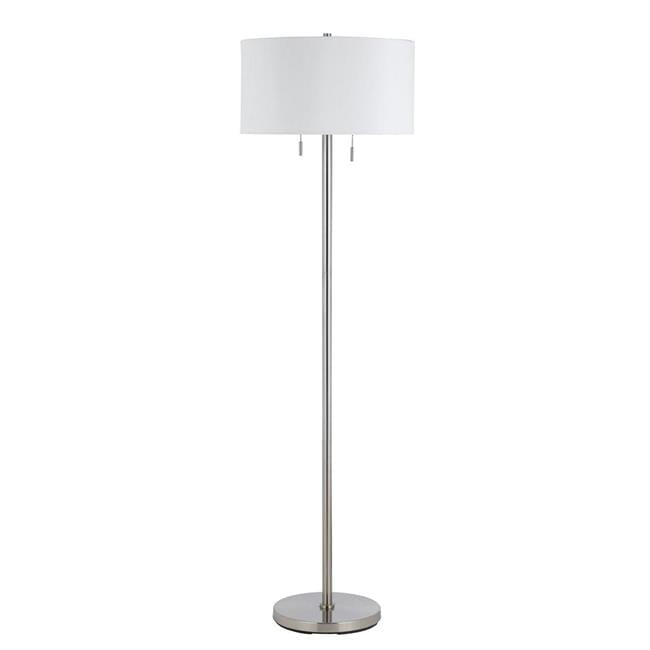 Benjara Metal Body Floor Lamp with Fabric Drum Shade and Pull Chain Switch, Silver