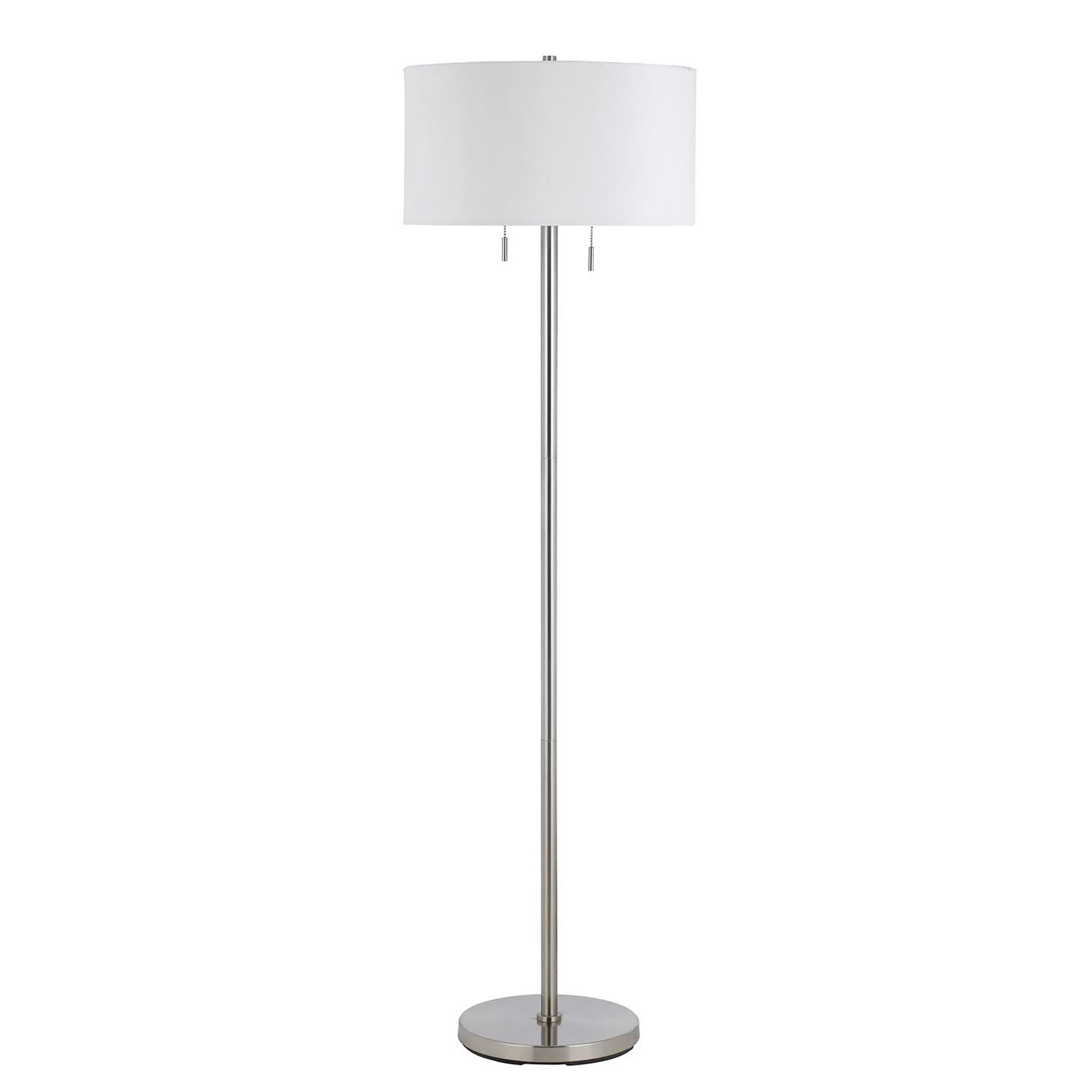 Benjara Metal Body Floor Lamp with Fabric Drum Shade and Pull Chain Switch, Silver