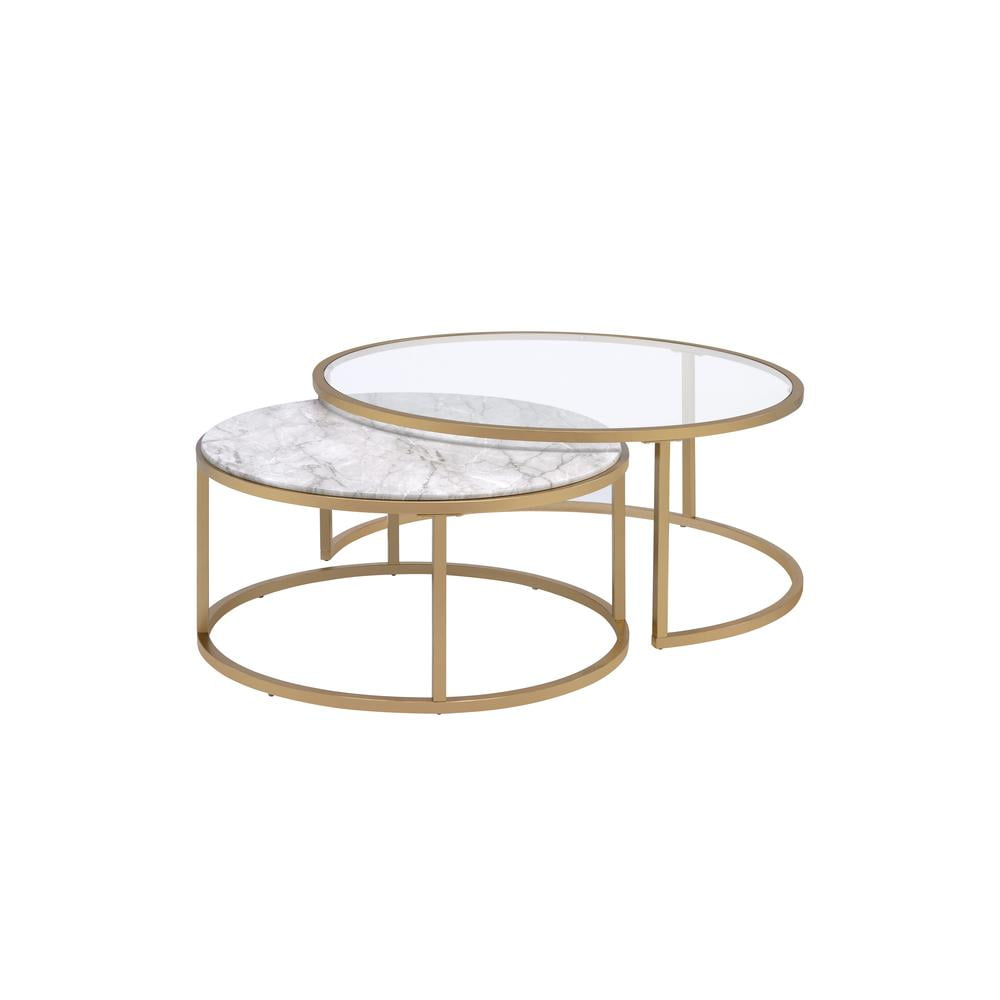 Metal Framed Nesting Coffee Tables with Glass and Marble Tops Set of Two Gold - Saltoro Sherpi
