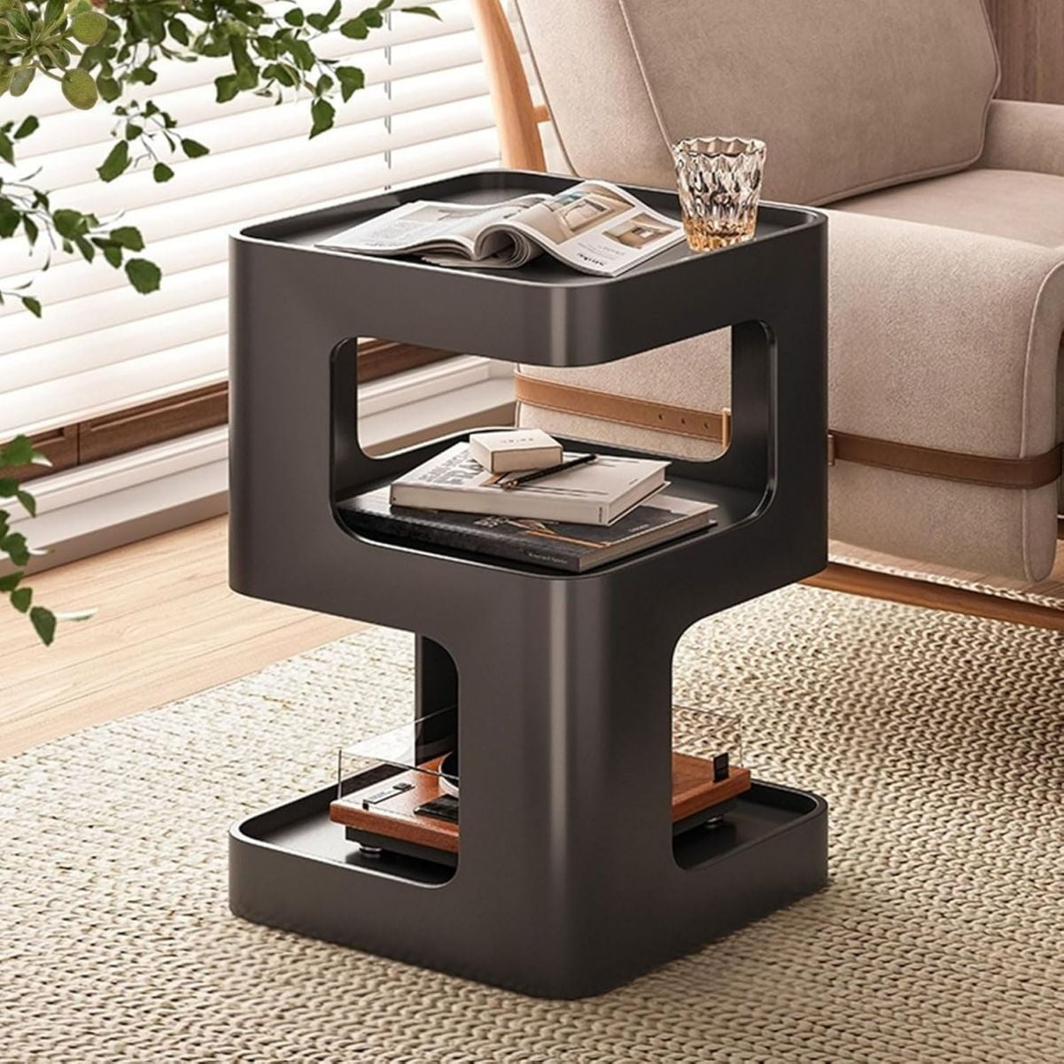Metal Nightstand, Small End Table, Modern Side Table, Accent Bedside Table, 3 Tier Night Stands, Bed Side Table for Living Room Bedroom Outdoor Entryway, No Assembly Required, Black