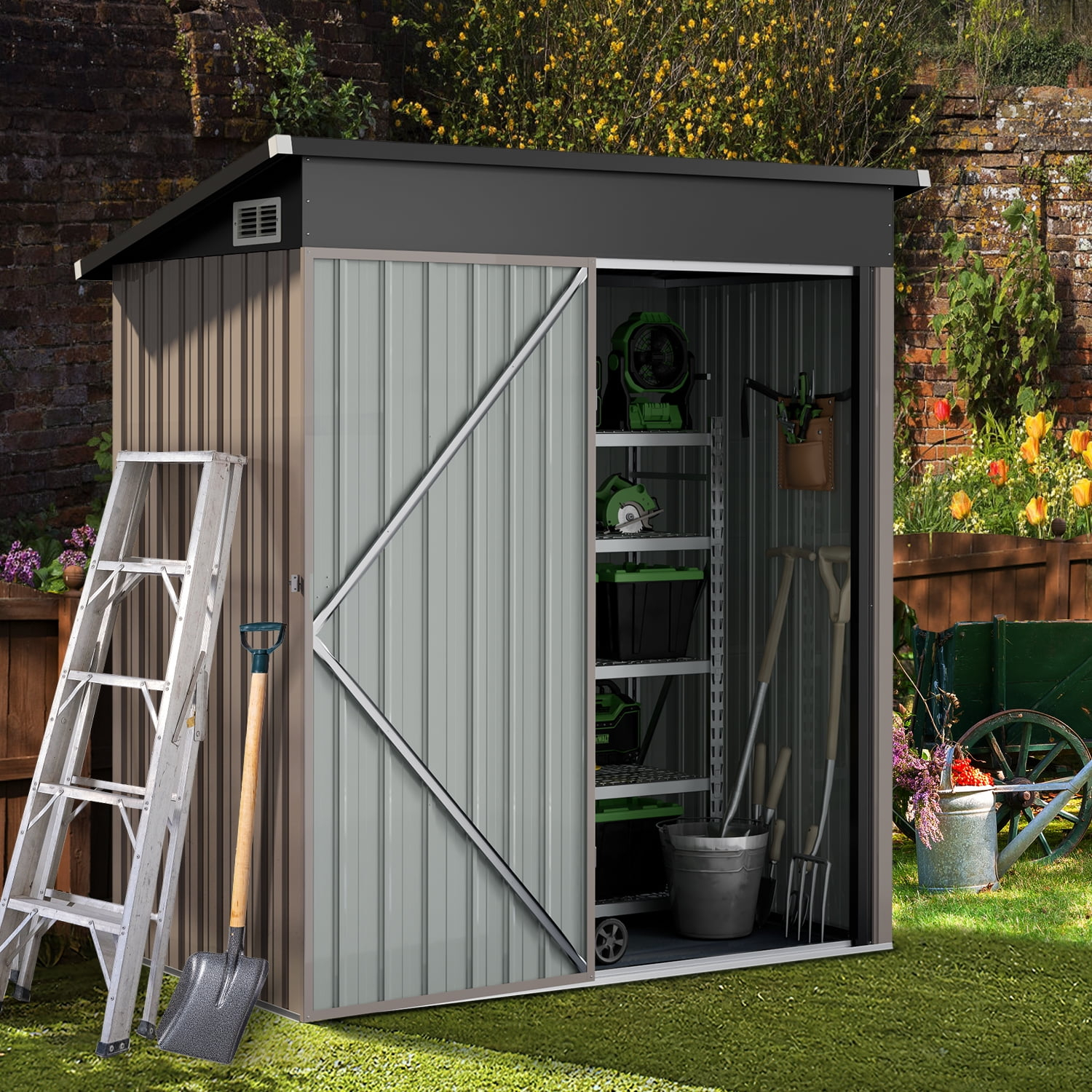 Sumthink 5 x 3 FT Outdoor Storage Shed, Metal Shed for Garden, Backyard, Patio, Brown