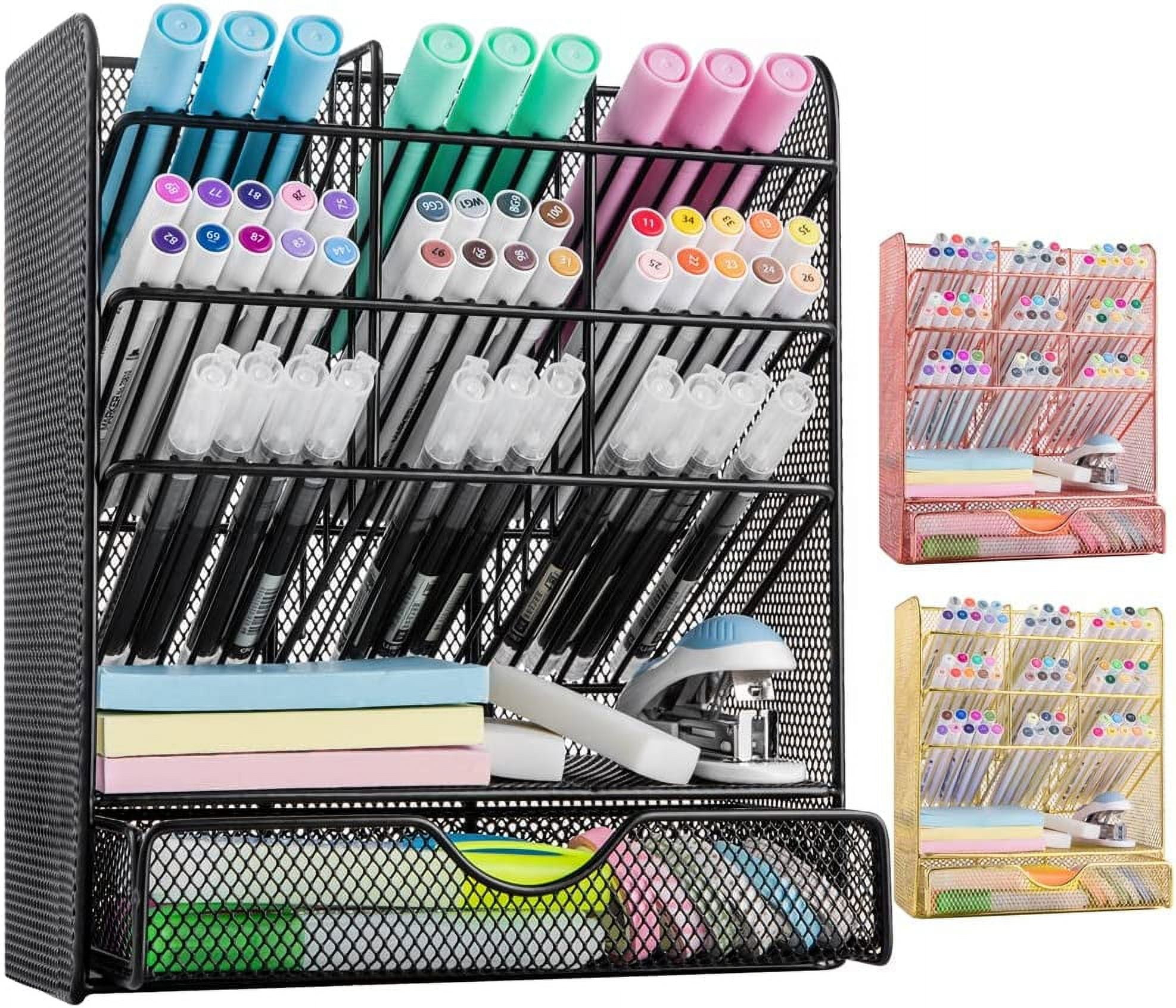 Metal Pen Organizer, Pencil Holder for Desk, Desk Organizer with Drawer for School, Home, Art Supplies (Black)