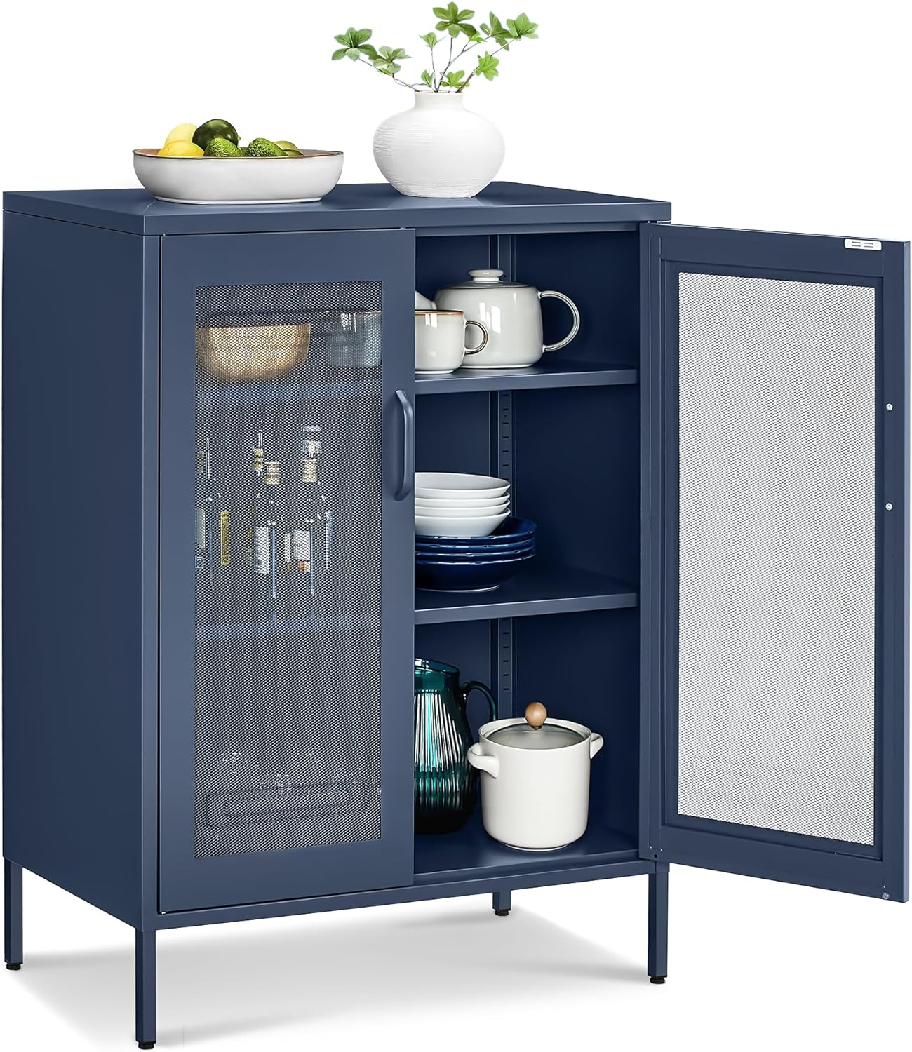 Metal Storage Cabinet with Mesh Doors, Steel Display Cabinets with Adjustable Shelves for Bathroom Home Office, Midnight Blue UOMC002Q03