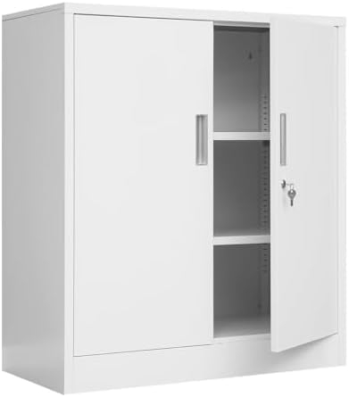 Metal Storage Cabinets with Shelves and Doors, Sideboard Buffet Cabinet for Kitchen, Entryway, Living Room, Home Office, Garage, Utility Room and Basement, 36.2" H x 31.5" W x 15.7" D (White)