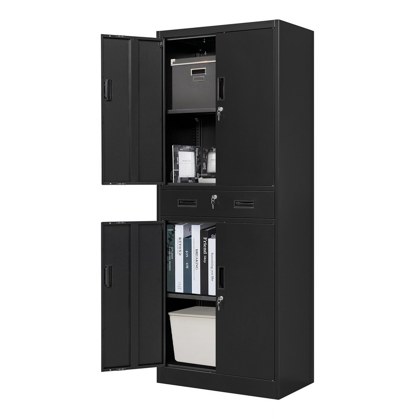 Metal Storage Cabinets with Drawer and Adjustable Shelves, Lockable Storage Cabinet for Pantry Home Office Garage Kitchen Living Dining Room (Black)