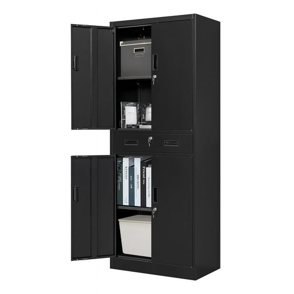 Metal Storage Cabinets with Drawer and Adjustable Shelves, Lockable Storage Cabinet for Pantry Home Office Garage Kitchen Living Dining Room (Black)