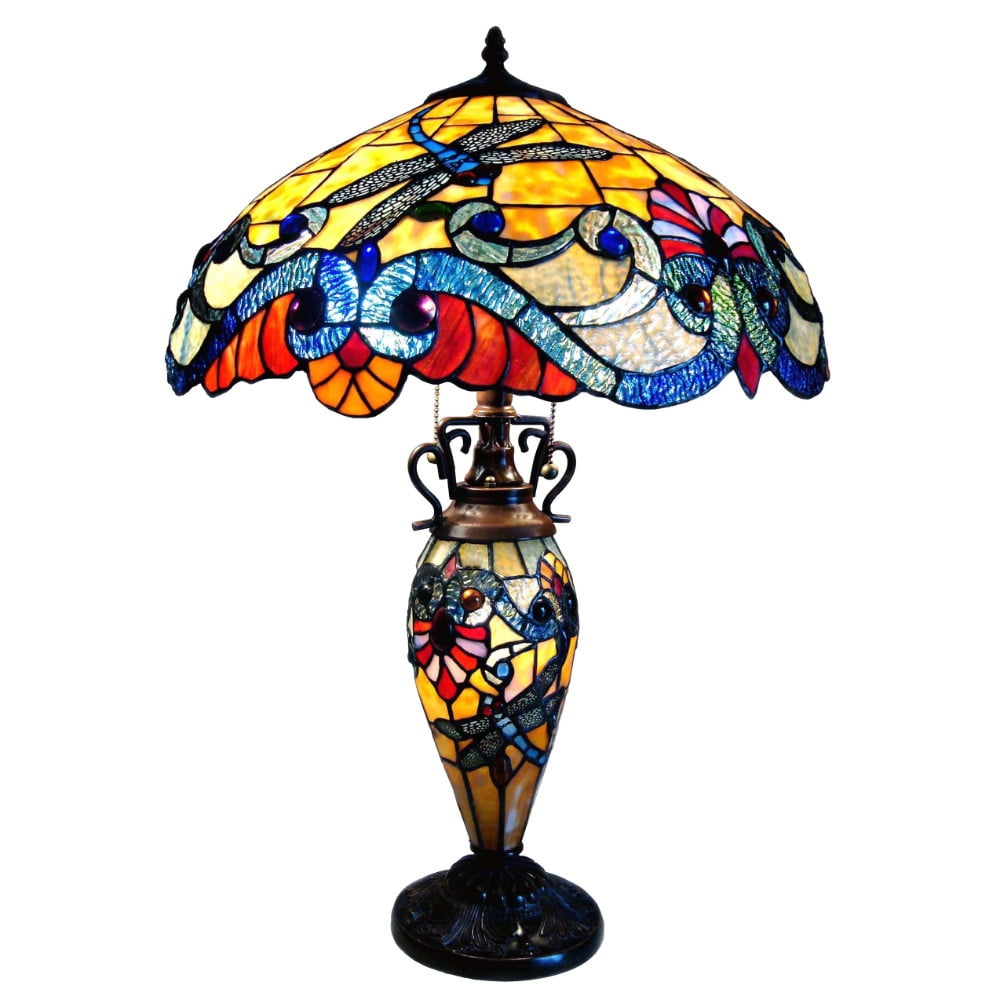 CHLOE 3 Light Tiffany Style Dragonfly Double Lit Table Lamp 18" Shade